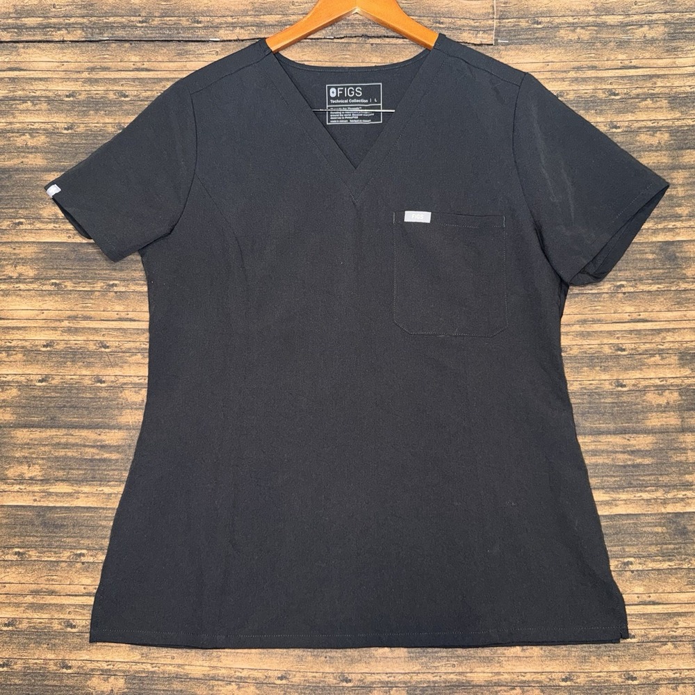 FIGS Technical Collection Women's Large Black V-Neck Short Sleeve Scrub Top